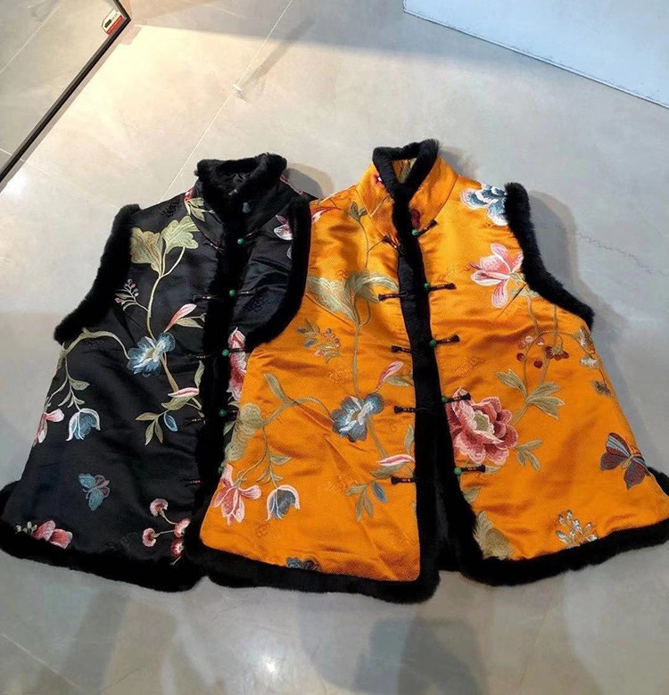 复古唐装 中式真丝织锦缎满身绣花濑兔毛对襟盘扣棉背心马甲冬女