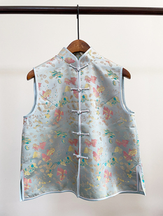 复古唐装 新中式真丝织锦缎金鱼精工双滚边旗袍背心马甲上衣女