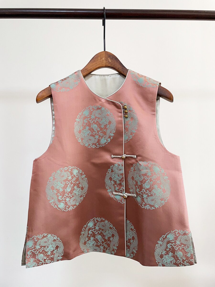 RETRO TUANLONG NEW CHINESE SILK MULBERRY SILK FLOWER BUD SATIN PARTIAL PLACKET ROUND NECK VEST VEST BLOUSE WOMEN