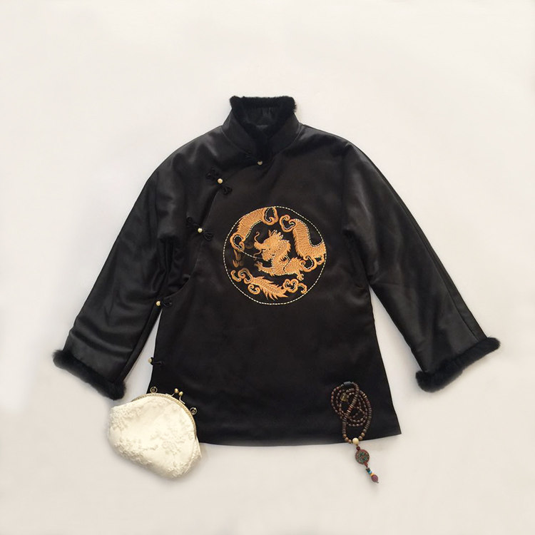 秋冬新品 中式重磅真丝立领盘扣加棉獭兔毛盘龙绣花旗袍上衣棉衣