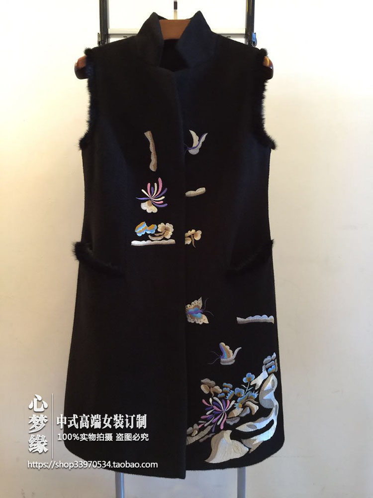 中国风 中式绣花水貂毛秋冬女士羊绒长款无袖上衣马甲外套