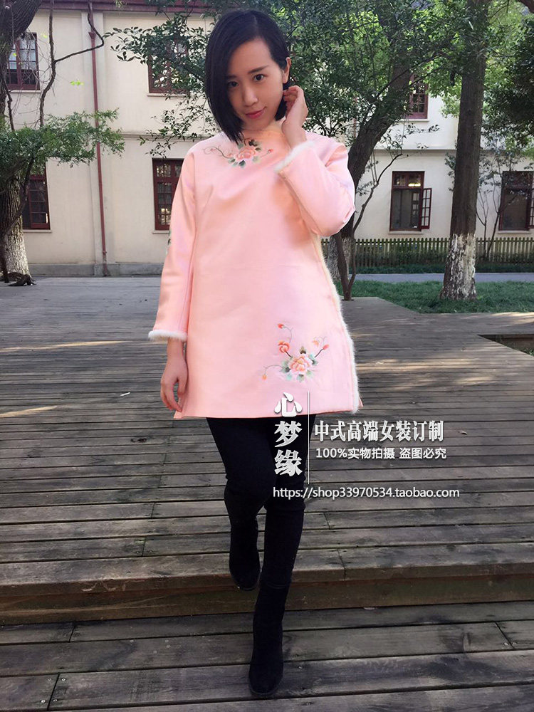 中式加厚加棉水貂毛斜襟服女旗袍