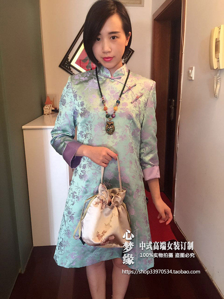 2016春秋新款 中式立领偏襟玉扣锦缎宽松改良旗袍连衣裙禅茶服