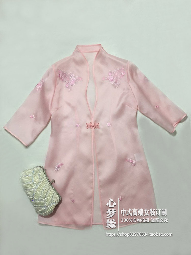 气质真丝开襟绣花中长款披风上衣