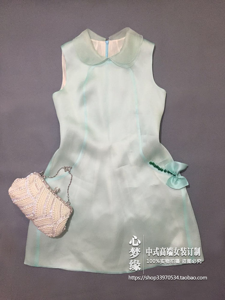 多色定制 中式真丝欧根缎荷叶领蝴蝶结日常气质淑女旗袍连衣裙