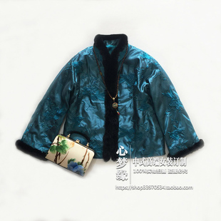 新品推荐秋冬中式双宫丝牡丹绣花獭兔毛外套上衣棉衣棉服