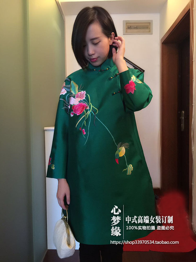 早秋新品 中式真丝丝毛斜襟玉扣喜鹊绣花中长款改良旗袍连衣裙