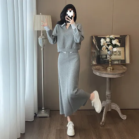 灰色通勤风半身裙上衣秋季假两件两件套时尚韩版套装2025女装气质