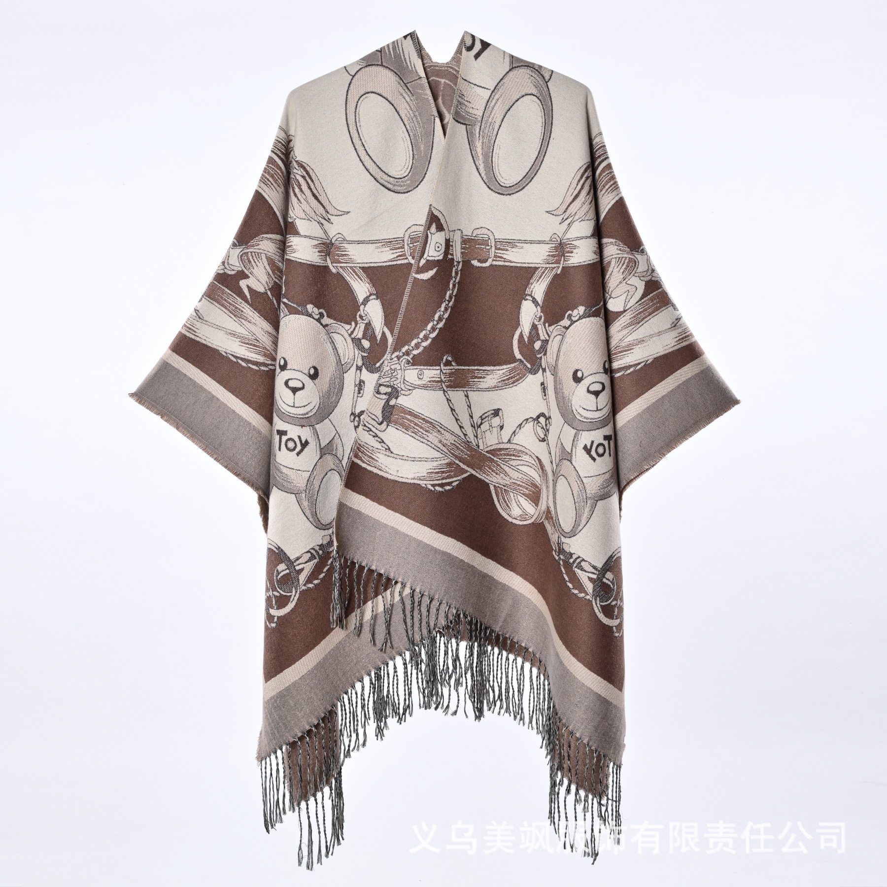 可爱卡通小熊链条印花开叉披肩女围巾/丝巾/披肩