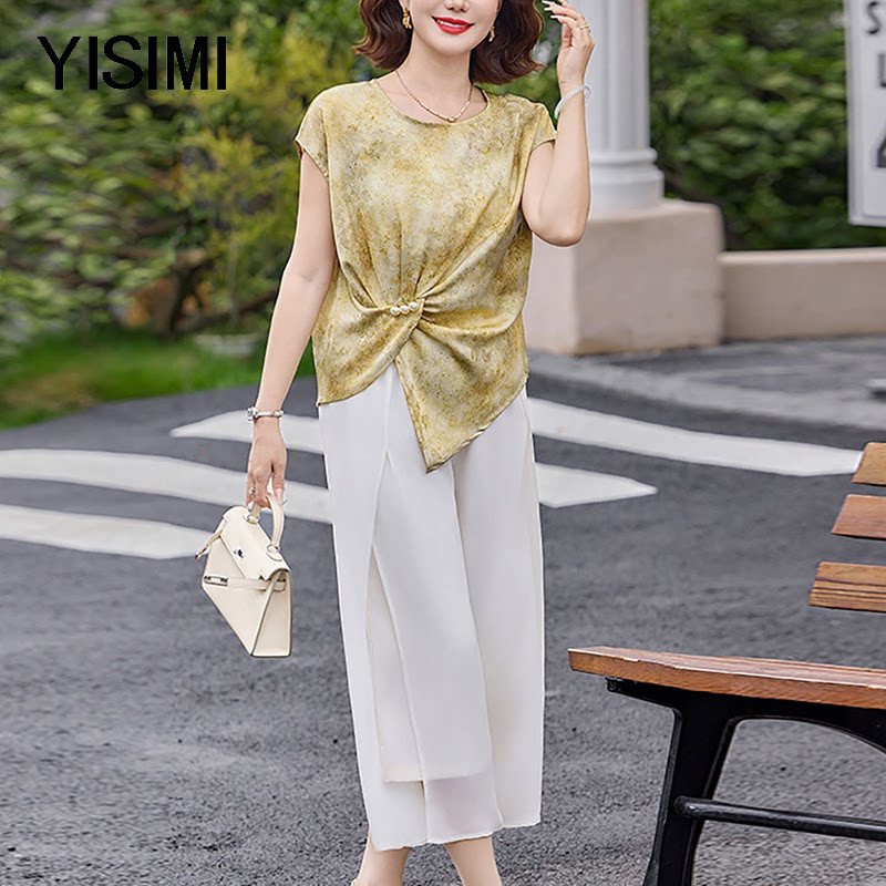 夏装新款中老年大码妈妈女装雪纺印花短袖t恤套装中年女士两件套