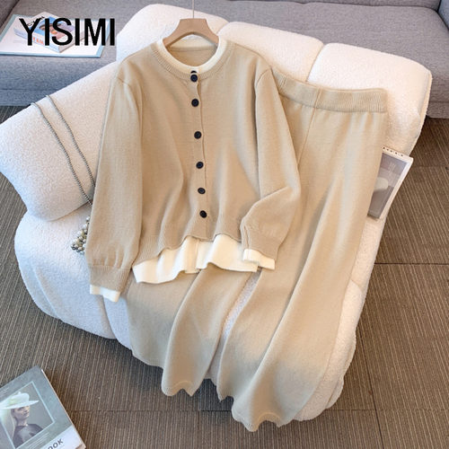 中老年胖妈妈假两件针织套装