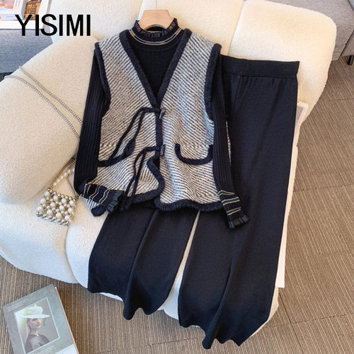 中老年胖妈妈秋冬新款针织三件套