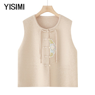 25秋冬新款中老年胖妈妈民族风绣花针织马甲中年女士时尚国风外套