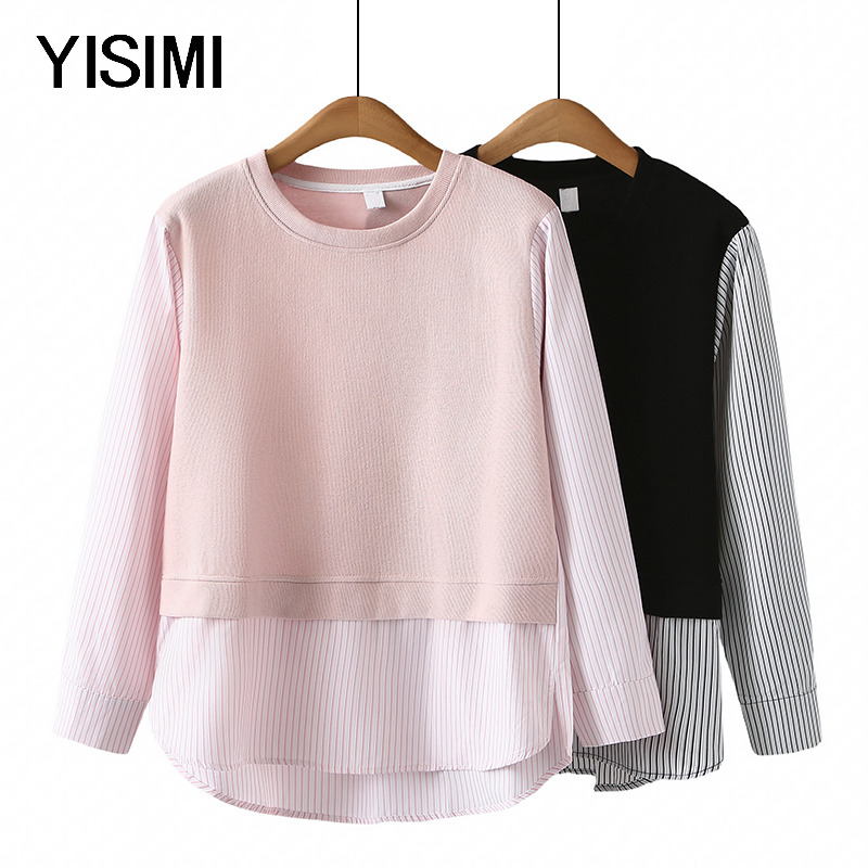 秋季条纹拼接套头假两件t恤上衣