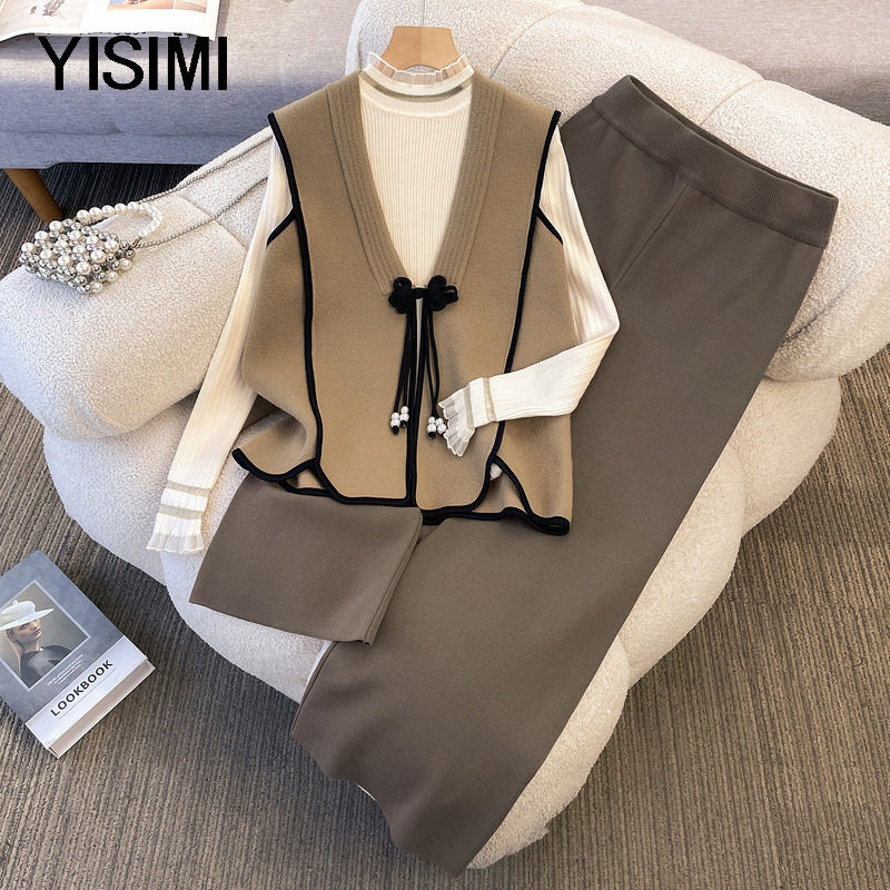 中年妈妈秋冬新中式针织马甲三件套中老年女士新款阔腿裤休闲套装,女装/女士精品,中老年女装,淘宝优惠券,粉丝福利购,淘宝优惠卷