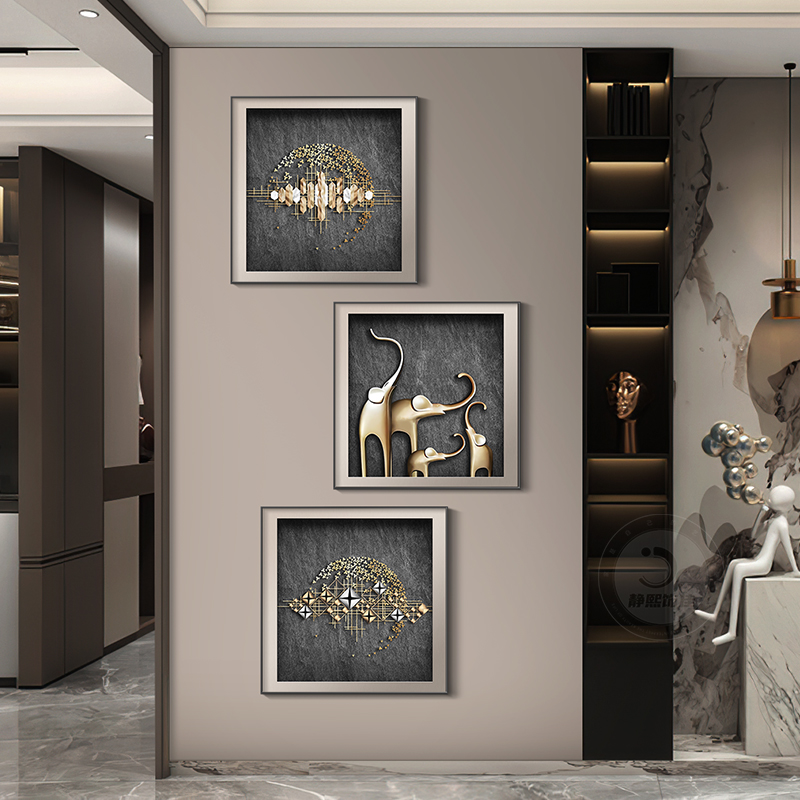 大象入户玄关装饰画轻奢抽象走廊过道三联挂画麋鹿正方形组合壁画图片