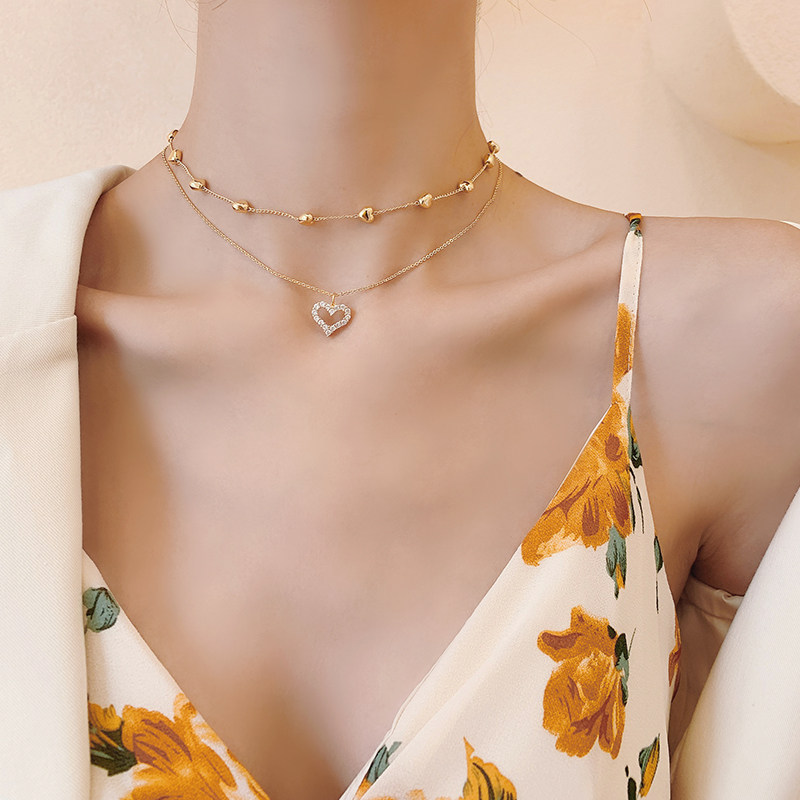 双层爱心项链女日韩个性金色锁骨链2020年新款颈链小众设计感首饰