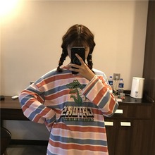 T恤秋 LASIBEIER韩国ins少女可爱恐龙印花学生宽松条纹中长款 长袖