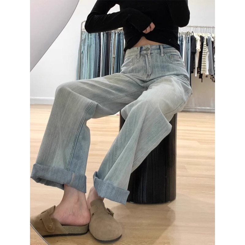 浅色牛仔裤直筒夏季薄款胖mm大码显瘦裤子女款宽松bf慵懒风阔腿裤