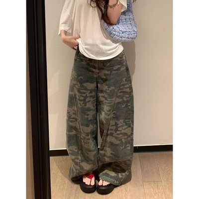 美式复古迷彩阔腿牛仔裤女夏季新款街头辣妹宽松廓形拖地弯刀长裤