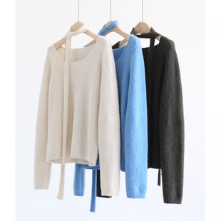 韩系订单圆领气质飘带长袖 温柔甜美纯色套头毛衣内搭上衣女 针织衫