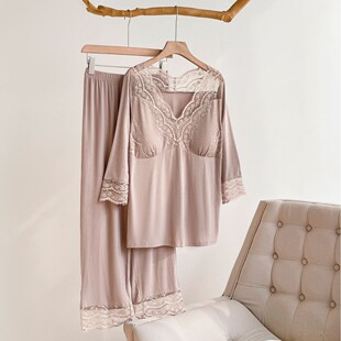 秋季新款性感蕾丝边睡衣女 简约纯色V领带胸少女风家居服两件套