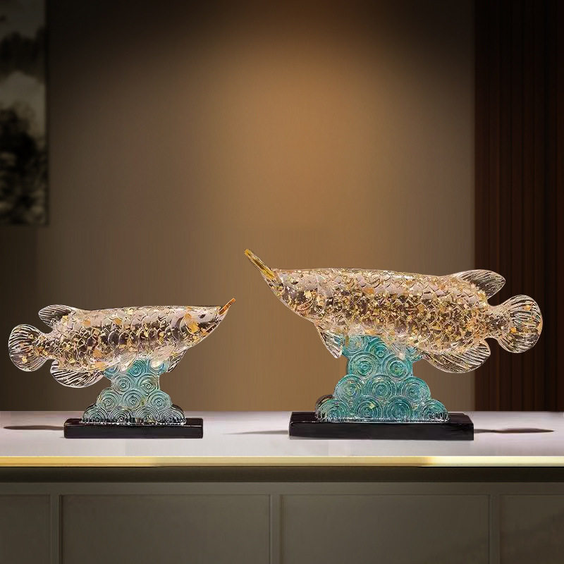 新中式鱼跃龙门金箔水晶龙鱼摆件工艺品客厅商务办公室乔迁开业礼