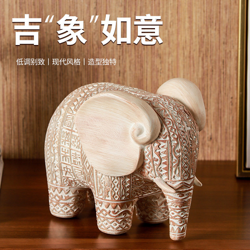 古风小象树脂摆件工艺品客厅玄关茶几桌摆家居装饰吉象如意雕纹