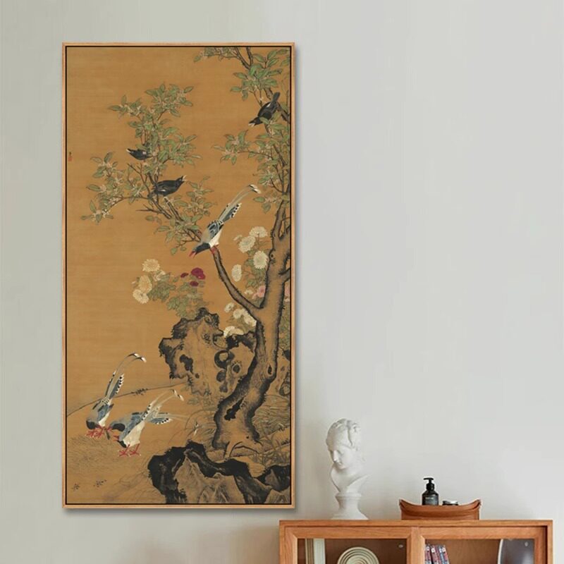 桂菊山禽图挂画新中式入户玄关画办公室国画客厅书房装饰画中国风