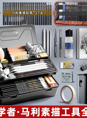 马利牌素描工具套装炭笔绘画工具全套美术生专用初学者铅笔素描笔套装画画专用碳笔玛丽全套笔帘4b2比速写8b