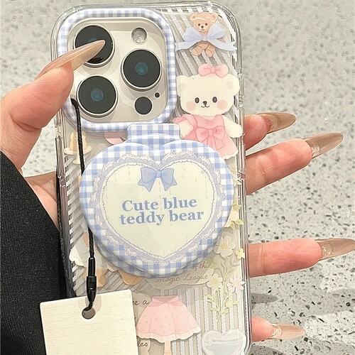 爱心格纹小熊带磁吸支架适用vivo iQOOZ10x/z9turbo手机壳neo10pro+/6SE/89少女心iqoo13/11S/12/U5e软Z8/U1X