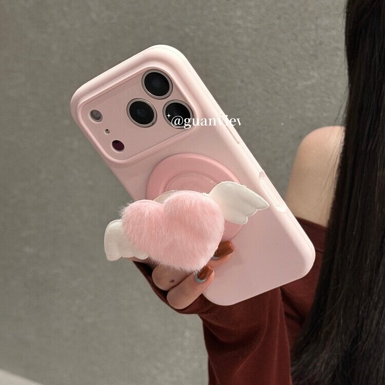 粉色爱心翅膀磁吸支架适用OPPO Reno15/14手机壳Findx9/X8S+少女reno12/11pro/A5Pro毛绒绒一加ACE6/15硅胶12