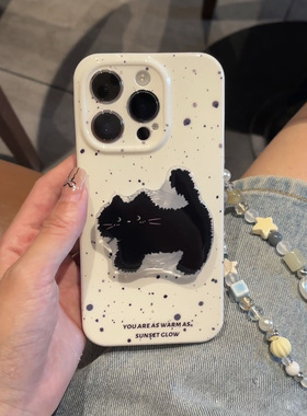 黑色猫咪适用小米15/17/13T手机壳红米note14/13/12可爱civi3/2支架11pro/k90.K50至尊mix4手链k70软硅胶9876