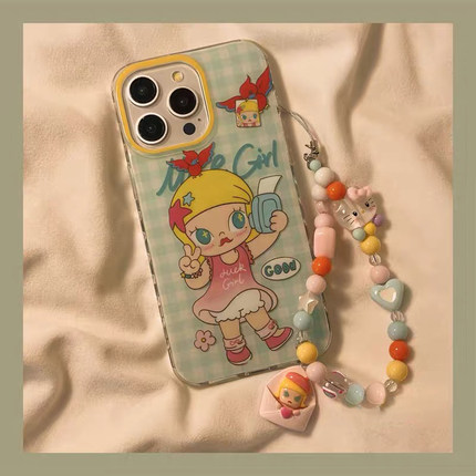 泡泡玛特格纹女孩挂绳适用oppo findx7pro/X5/A2手机壳A3活力reno12/10/11/9843创意7SE/A57链条A72/A92S/K9