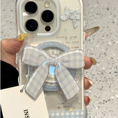 A96 A5pro 11F A3X Reno14 K12S 韩系蓝色蝴蝶结磁吸支架适用OPPO 10手机壳findx8S格纹X7ultra A58