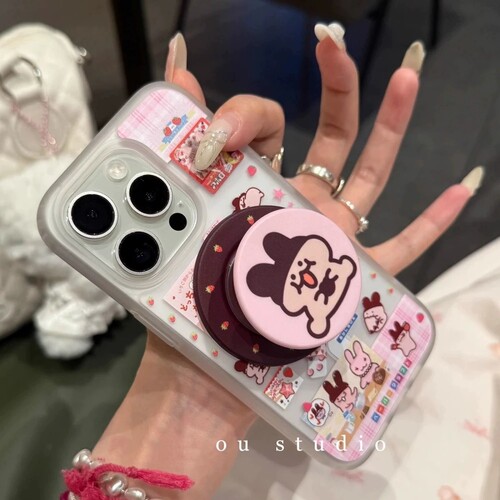 半透巧克力草莓兔磁吸支架适用vivo iQOO z9turbo/Z10x手机壳neo10pro+6SE/89趣味iqoo13/11S/12/U5e软Z8/U1X
