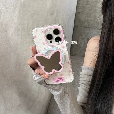 碎花蝴蝶镜子磁吸支架适用vivo S20/X200pro/X90s/X100PRO手机壳y300i创意S19/y37M/V29e/Y78少女Y77/X80/X60