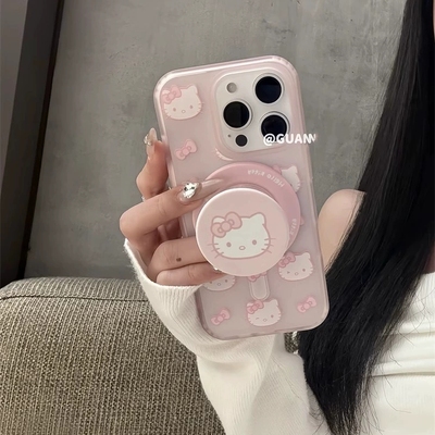 粉色kt凯蒂猫磁吸支架适用vivo X200promini/S19/X90/X100SPRO手机壳S20/y300i甜妹v29e/y36T/Y76S/Y78m软X80