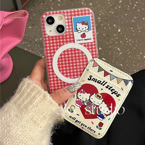 格纹KT猫磁吸卡包适用苹果iPhone15pm/17pro手机壳13pro/12mini硅胶xsmax可爱16卡通XR/11新75/8PLUS软SE防摔