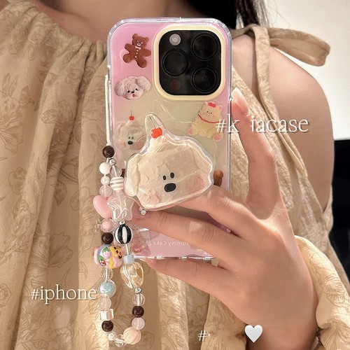 奶油樱桃小狗适用苹果16PRO/12手机壳14PROMAX/13mini链条smax硅胶iPhone15/11带支架XR/678plus/SE3可爱女款