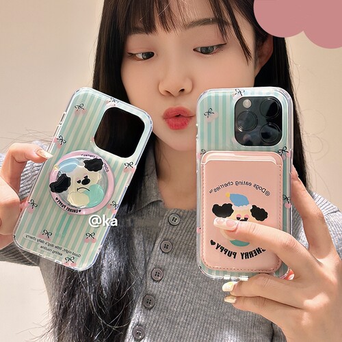 条纹小狗磁吸支架卡包适用苹果15/16手机壳14pm/13mini饭卡xs max可爱iPhone 11PRO卡通XR小众658plus硅胶SE3
