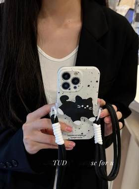 斜挎小黑猫泼墨背夹挂绳适用vivo爱酷NEO8/7竞速版iQOO11s便携iqoo12pro手机壳neo5S/Z8x/neo7se女可爱U5防摔