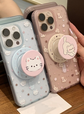 小猫小狗磁吸支架适用苹果11/16promax手机壳16E/13PRO/13mini大孔XR情侣14/15PRO可爱XSmax防摔8756PLUS半透