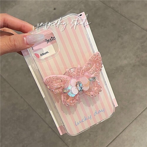 亮片蝴蝶支架适用苹果15/12手机壳14pm/13mini少女心xs max轻奢iPhone 11PRO全包XR小众658plus硅胶SE3防摔