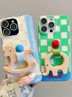 格纹小木马指环扣适用X9C荣耀magic7/635/100/300ultra/80GT/90/50SE手机壳X60i可爱X20透X40畅玩30plus/X10