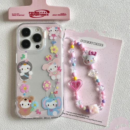 创意珠串kitty猫适用苹果16PROMAX/15PRO手机壳ip14/13mini挂绳smax硅胶iPhone15/11可爱XR女678plus粉色SE3