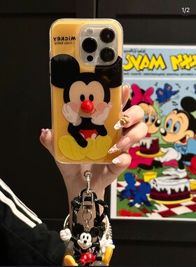 可爱立体鼻米奇适用苹果16PRO/12手机壳14PROMAX/13mini挂件smax硅胶iPhone15/11手绳XR/678plus/SE3防摔女款