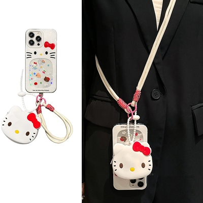 可爱猫斜挎背带适用苹果11/16promax手机壳16E/13PRO/13mini零钱包XR带挂绳14/15PRO防摔XSmax/876PLUS/12pro