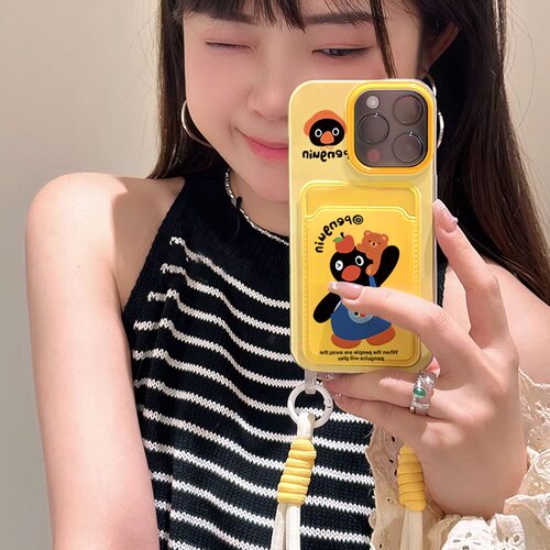 黄色企鹅带挂绳孔适用vivo iQOOz9/neo9/6/7se/3手机壳neo8pro插卡Z5/U5e手提z3/Z8X斜挎U3x硅胶iqooneo5se女