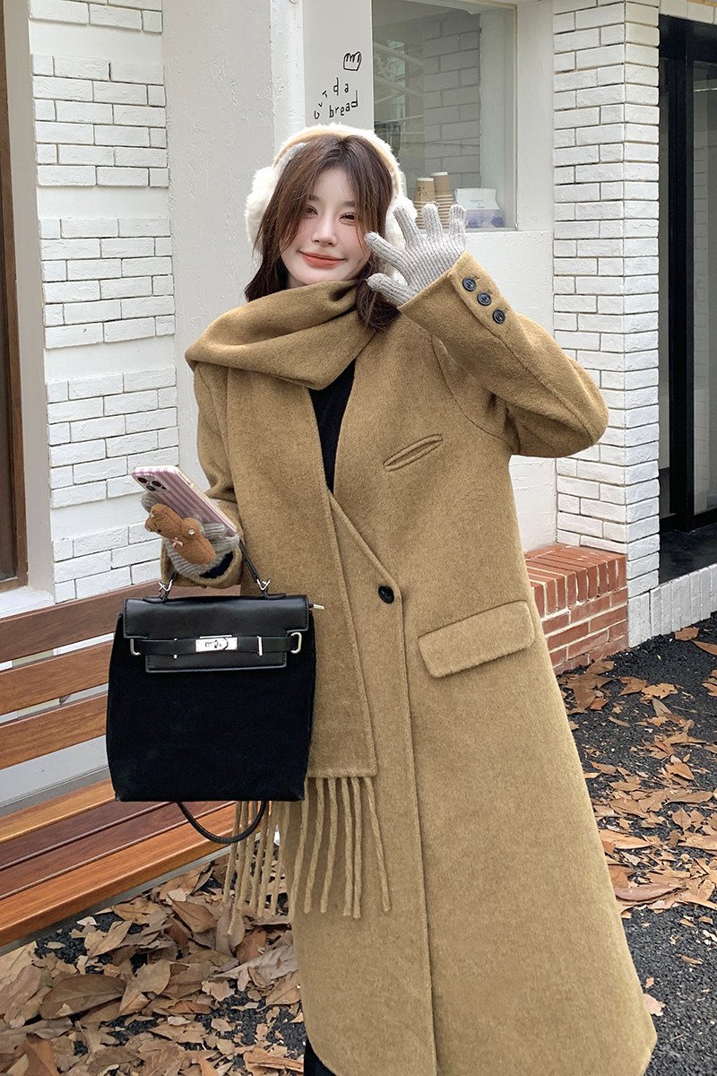 新品！双面羊绒中长款大衣送流苏围巾8313P240K358,女装毛呢外套,2C060